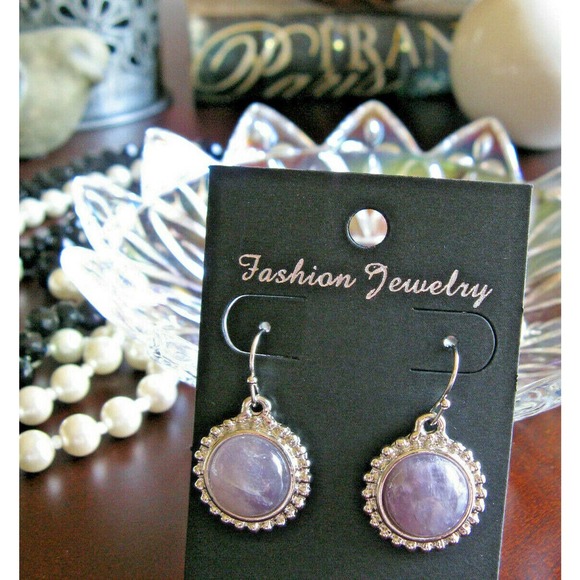 New Natural Purple Amethyst Quartz Crystal Gemstone Cabochon Silvertone Earrings - Picture 3 of 5